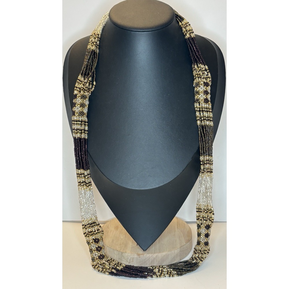 Vintage 30" Bronze Silver Tone Glass Seed Bead Multi Strand Tribal Necklace